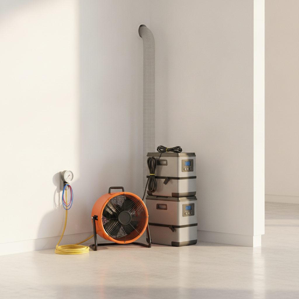 Remediation fan and equipment in a clean bright wall corner